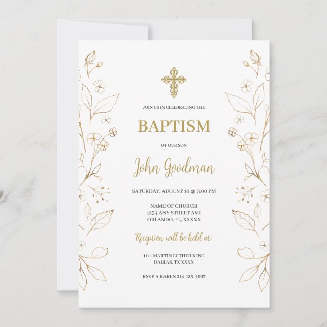 Gold flower Minimalist Baptism Spanish Invitation (Front)
