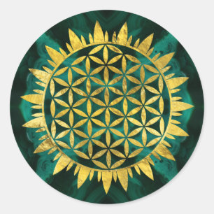 Gold Flower of life on malachite Classic Round Sticker