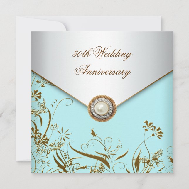 Gold Flower Pearl Teal 50th Wedding Anniversary Invitation (Front)