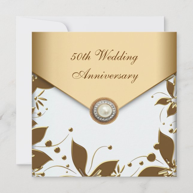 Gold Flower Pearl White 50th Wedding Anniversary Invitation (Front)