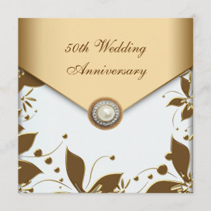 Gold Flower Pearl White 50th Wedding Anniversary Invitation