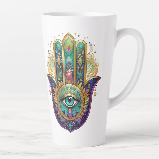 Gold Flower Petals Turquoise Third Eye Hamsa Latte Mug (Right)