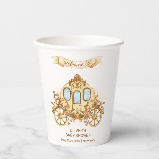 Gold Flower Prince Carriage Baby Shower Welcome Paper Cups (Front)