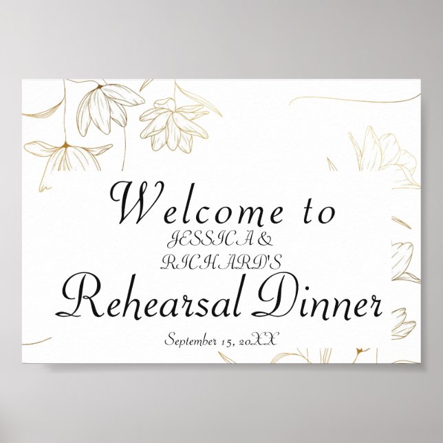 Gold Flower Rehearsal Dinner Welcome Poster Sign (Front)
