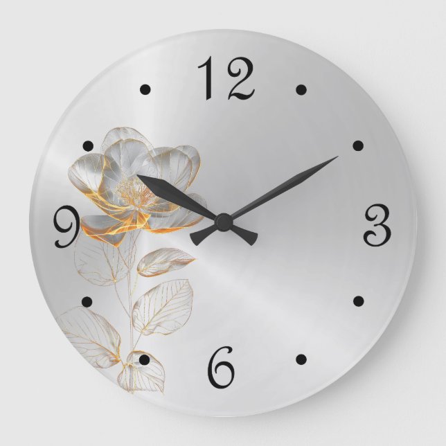 Gold Flower Silver Numbers Large Clock (Front)