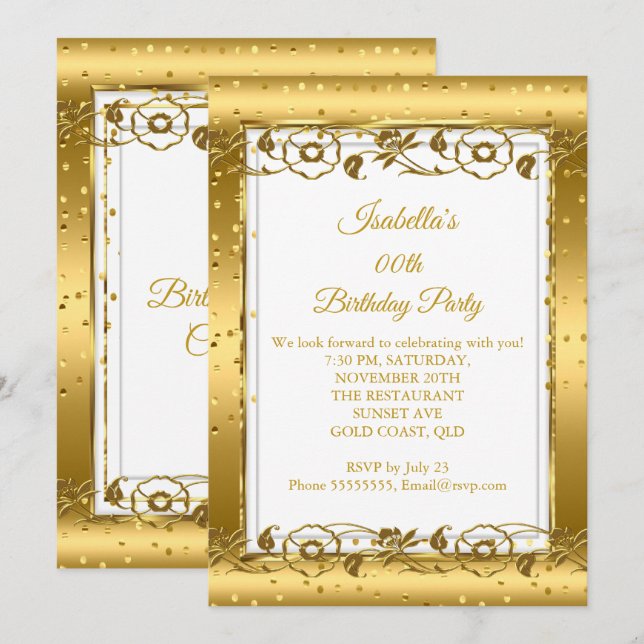Gold Flower White Glitter Birthday Party Invitation (Front/Back)