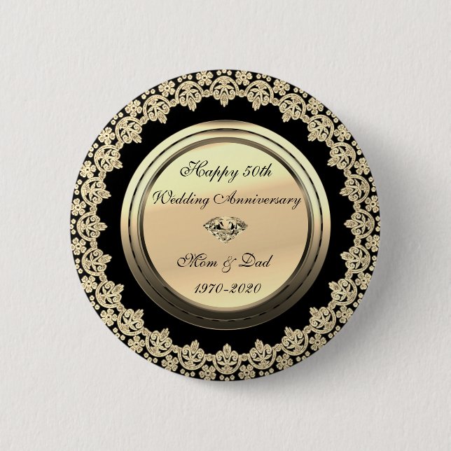 Gold Flowers  Black 50th Wedding Anniversary 6 Cm Round Badge (Front)