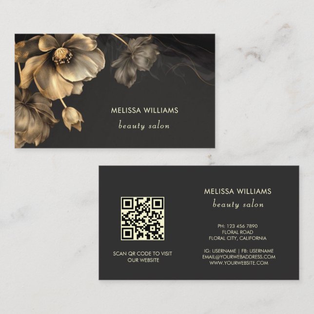 Gold Flowers Black  Business Card (Front/Back)