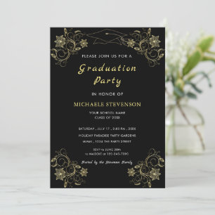Gold Flowers Black Graduation Party Invitation Cap