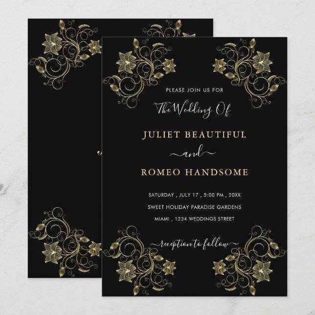 Gold Flowers Black Luxury Wedding Invitation (Front/Back)