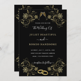 Gold Flowers Black Modern Wedding Invitation