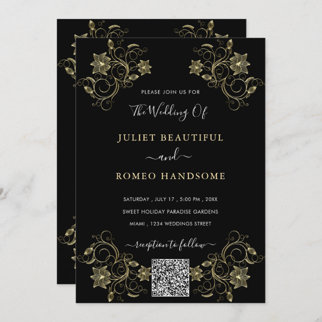 Gold Flowers Black Wedding Invitation with QR Code (Front/Back)