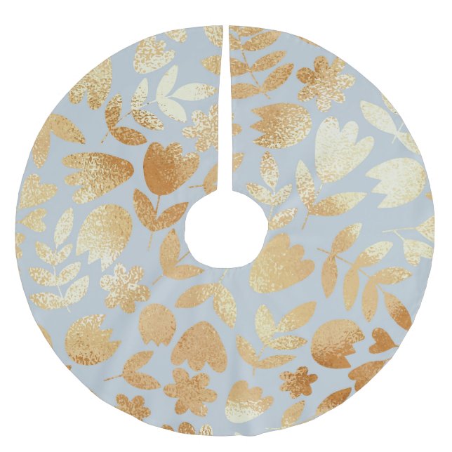 Gold flowers, blue background, foil imitation. brushed polyester tree skirt (Front)