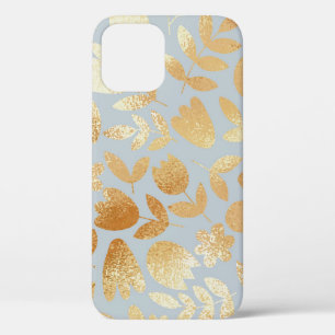Gold flowers, blue background, foil imitation. iPhone 12 case