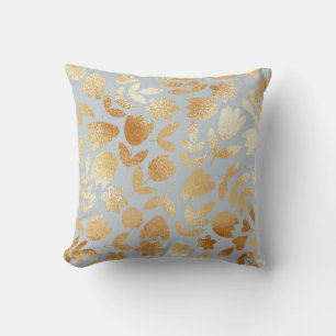 Gold flowers, blue background, foil imitation. cushion