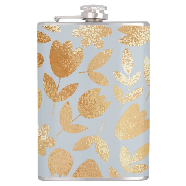 Gold flowers, blue background, foil imitation. hip flask (Front)
