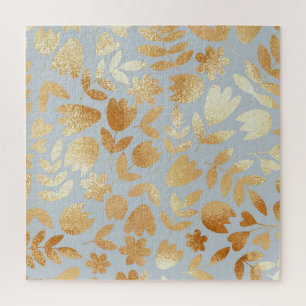Gold flowers, blue background, foil imitation. jigsaw puzzle