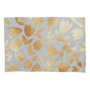 Gold flowers, blue background, foil imitation. pillowcase