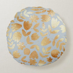 Gold flowers, blue background, foil imitation. round cushion