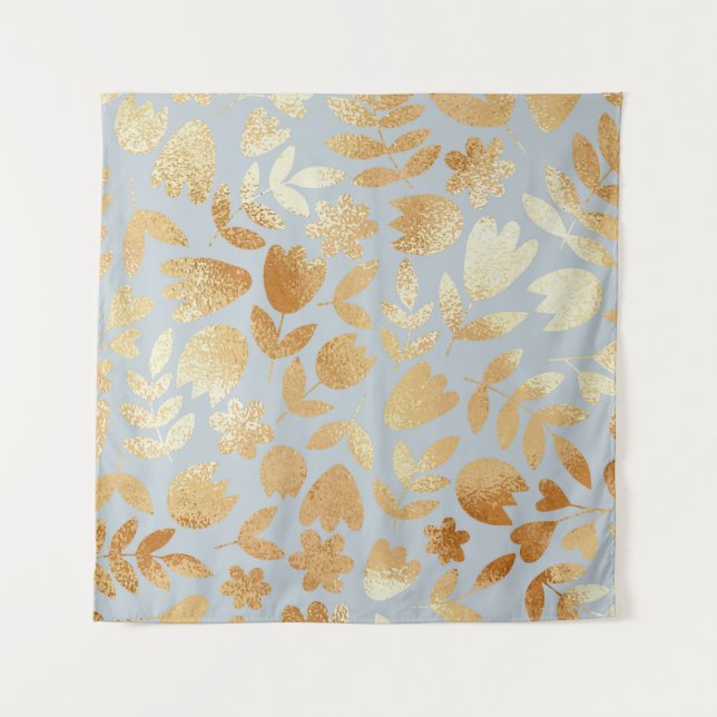 Gold flowers, blue background, foil imitation. tapestry (Front)