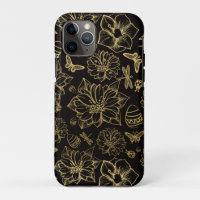 Gold flowers butterflies pattern
