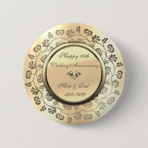 Gold Flowers Diamond 50th Wedding Anniversary 6 Cm Round Badge