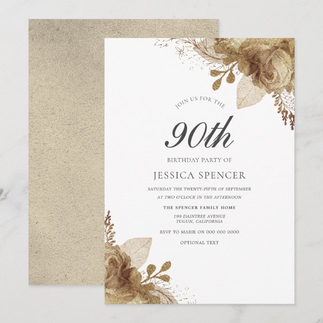 Gold Flowers Elegant 90th Birthday Party Invite (Front/Back)