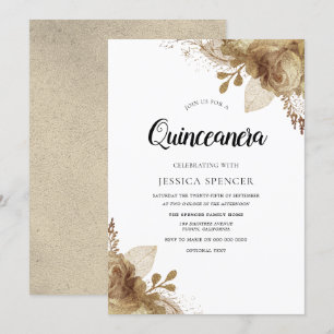 Gold Flowers Elegant Quinceanera Party Invite