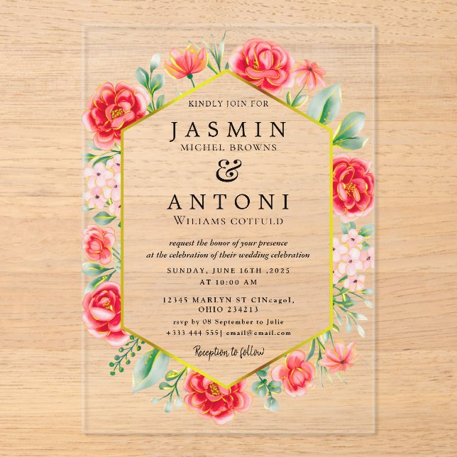 gold  Flowers  Fall Foliage Wedding  Acrylic Invitations (Front)