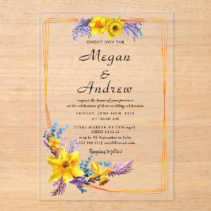 gold Flowers Fall Foliage Wedding Acrylic Invitations