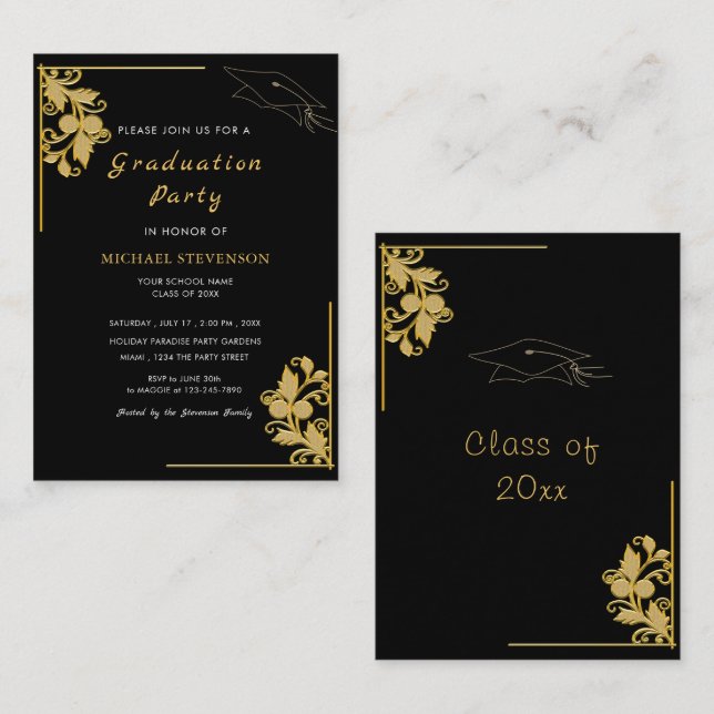 Gold Flowers Frame Graduation Invitation Example (Front/Back)