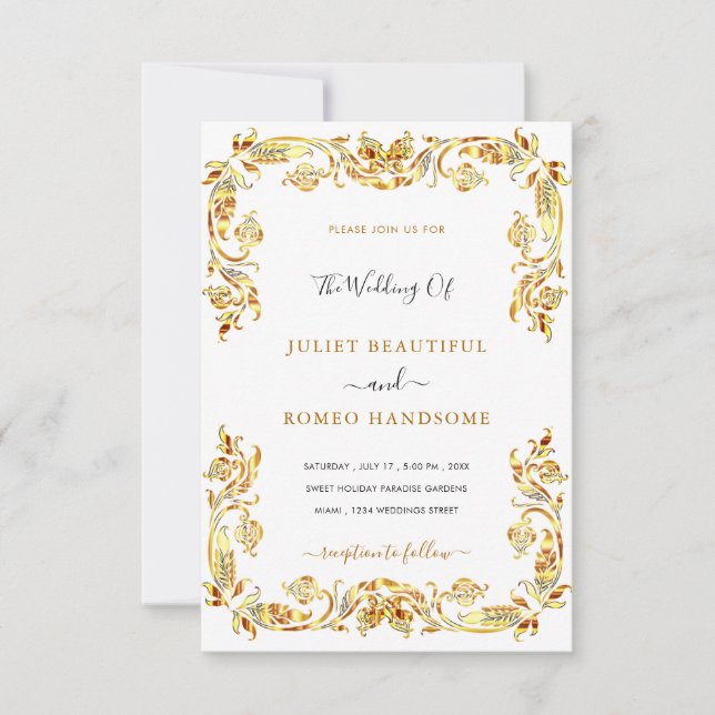 Gold Flowers Framed Wedding Invitation Template (Front)