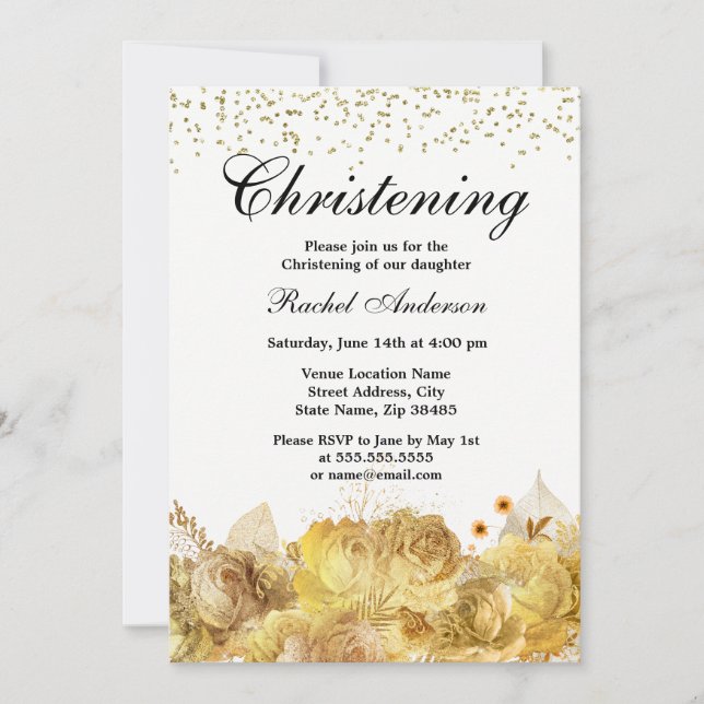 Gold Flowers Glitter Boy Girl Christening Baptism Invitation (Front)