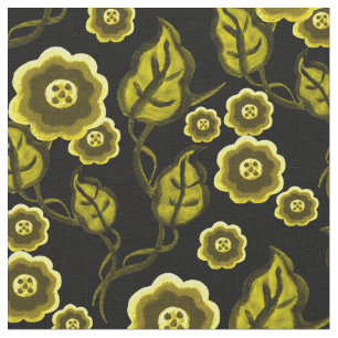 Gold flowers/Gold leaves/Folk art floral/ 2 black Fabric