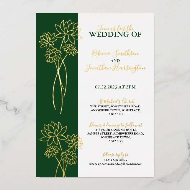 Gold Flowers Green Photo Wedding Foil Invitation (Front)