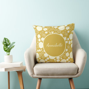 Gold Flowers in Floral Pattern Custom Named Cushion