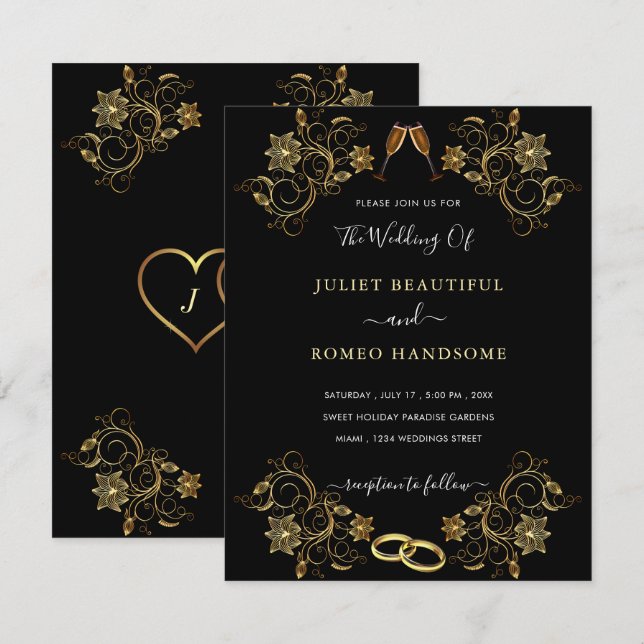 Gold Flowers Love Golden Black Wedding Invitation  (Front/Back)