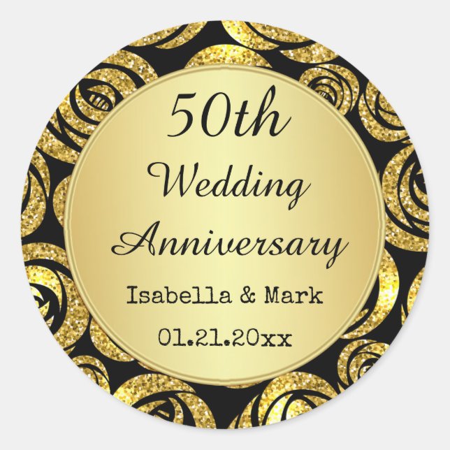 Gold flowers on black 50th Anniversary Classic Round Sticker (Front)