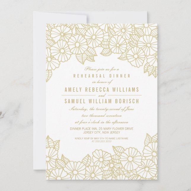Gold Flowers on White Rehearsal Dinner Invitation (Front)