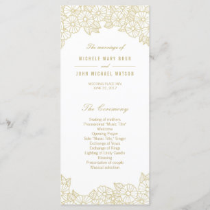 Gold Flowers on White Wedding Program Rack Cards
