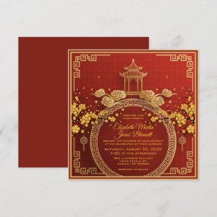 Gold Flowers & Pagoda Red Chinese Wedding Invitati Invitation