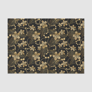 Gold Flowers Pearls and Leaves on Black Decoupage Tissue Paper