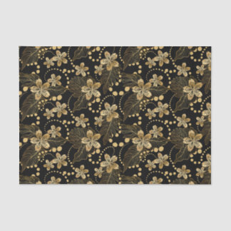 Gold Flowers Pearls and Leaves on Black Decoupage Tissue Paper