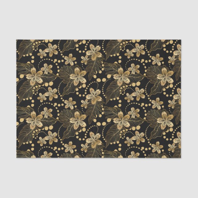 Gold Flowers Pearls and Leaves on Black Decoupage Tissue Paper (Front)