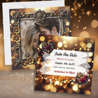 Gold Flowers Steampunk Personalised Wedding Save The Date