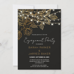 Gold Flowers String Lights Wedding Engagement Invitation