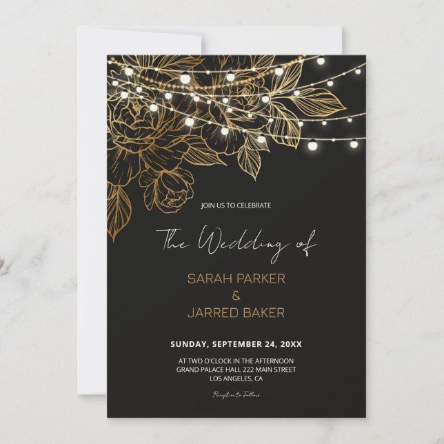 Gold Flowers String Lights Wedding Invitation (Front)