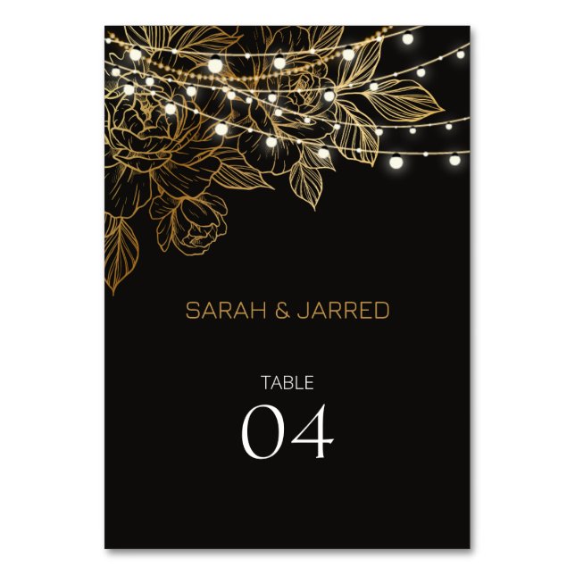 Gold Flowers String Lights Wedding Table Number (Front)