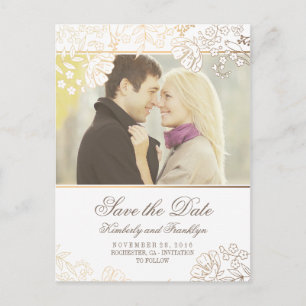 Gold Flowers White Vintage Photo Save the Date Announcement Postcard