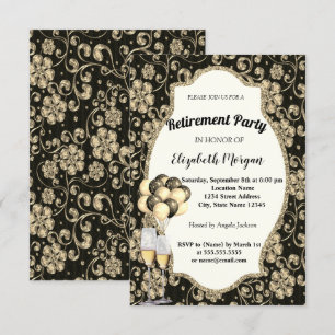 Gold Flowers Wine Glas , Ballons, Retirement Party Invitation